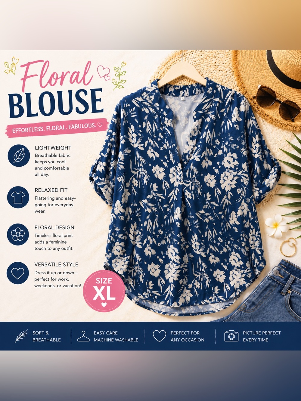 Blue Floral V-Neck Women's Top - XL
